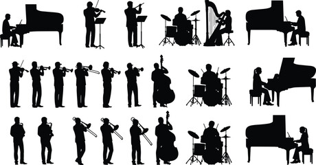 Musician silhouettes with musical instruments, orchestra performers, jazz band members, classical players, pianists, drummers, violinists, trumpeters, ensemble scene, vector design