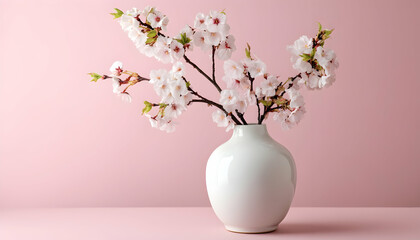 A white ceramic vase filled with cherry blossoms on a soft pink background   -