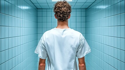 Young Man in Sterile Room Back View, Light Blue Tiles, White Shirt