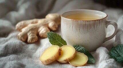 Fresh Ginger Tea with Slices and Mint Leaves on Soft Fabric Background