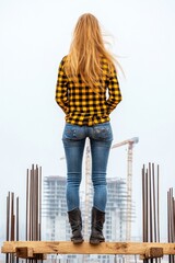 Young Woman in Plaid Shirt at Construction Site