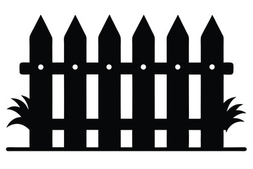 Black Silhouette of Wooden Picket Fence with Grass Tufts on Ends of Garden