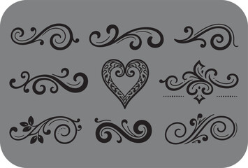 A collection of elegant black ornamental swirls and flourishes including a decorative heart motif and floral elements on a muted gray background