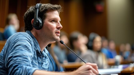 Close-up of a remote instructor speaking into a microphone during a lecture.