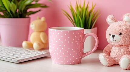 Cozy Desk Scene with Pink Cup, Plush Bear, and Green Plants