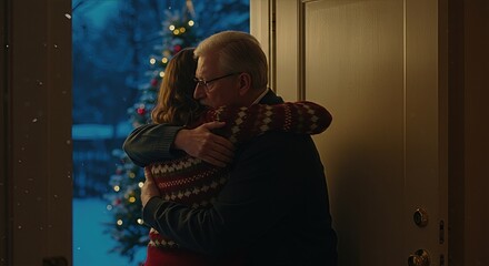 Emotional Christmas homecoming: a senior father and his adult daughter share a heartfelt hug in a cozy, decorated home as snow falls outside, embodying family love, reunion, and holiday spirit.