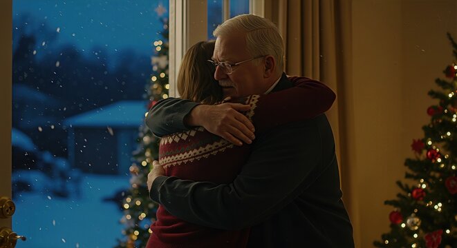 Emotional Christmas homecoming: a senior father and his adult daughter share a heartfelt hug in a cozy, decorated home as snow falls outside, embodying family love, reunion, and holiday spirit.