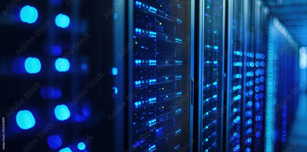 Aufkleber High-tech server room with glowing blue LED lights and data center racks, ideal for cloud computing, networking, cybersecurity, or digital infrastructure themes