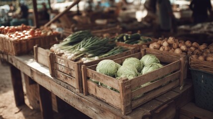 Fresh vegetables displayed in wooden crates at a vibrant outdoor market setting
