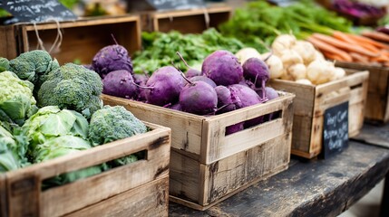 Fresh organic vegetables in wooden crates at a vibrant market showcasing healthy produce options