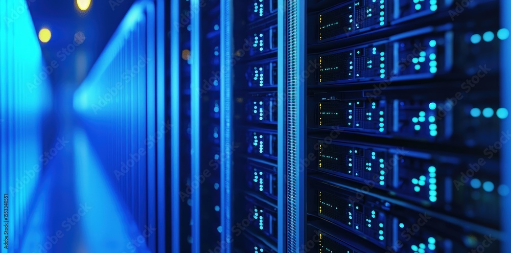 Aufkleber Close-up of modern data servers in blue-lit server room with glowing LED indicators, perfect for technology, cloud computing, data infrastructure, or cybersecurity themes