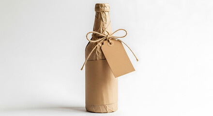 Fototapeta premium Bottle wrapped in brown paper with gift tag and twine on white background