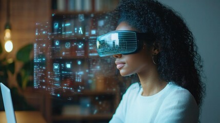 Woman Using Virtual Reality Headset with Futuristic Interface Display