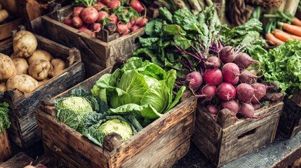 Fresh organic vegetables in wooden crates at a rustic market showcasing vibrant colors and textures