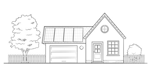 Sustainable house with solar roof and garden – outline vector illustration