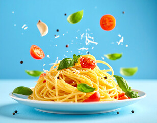 Levitating Spaghetti with Flying Ingredients on a Blue Background