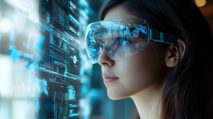 Young Woman Using Augmented Reality Glasses with Digital Interface