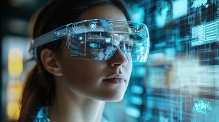 Woman Wearing Augmented Reality Glasses with Digital Interface Background