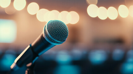 Obraz premium A microphone on a podium with a blurred audience in the background, illuminated by soft stage lighting