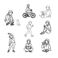 A set of hijabi woman outline illustrations showing daily positive activities. young Muslim woman in a hijab cap doing daily tasks. Collection of sporty and studious hijab girl illustrations in daily 