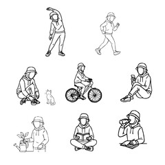 A set of hijabi woman outline illustrations showing daily positive activities. young Muslim woman in a hijab cap doing daily tasks. Collection of sporty and studious hijab girl illustrations in daily 
