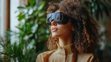 Woman with Curly Hair Wearing Smart Glasses in a Green Indoor Space