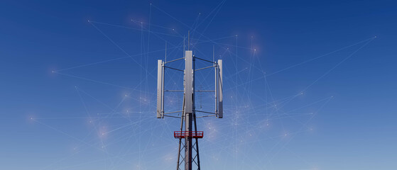 A 5g communication tower with a red and white base