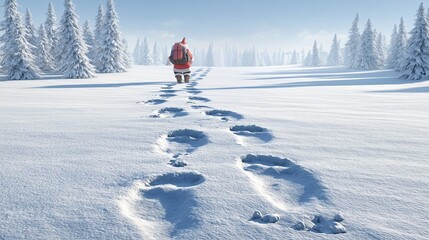 Santa's footprints in the snow lead toward a forest with figures carrying gifts in the distance during a winter wonderland setting