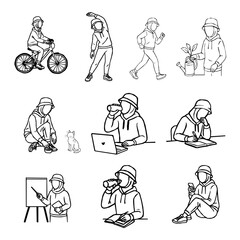 A set of hijabi woman outline illustrations showing daily positive activities. young Muslim woman in a hijab cap doing daily tasks. Collection of sporty and studious hijab girl illustrations in daily 