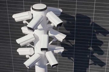 A tall pole with many cameras on it
