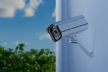 A security camera is mounted on a wall