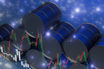 A stack of barrels with a graph of the stock market on top