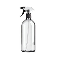 Realistic clear plastic spray bottle mockup for liquid cleaning product on transparent background