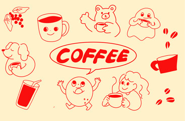 【コーヒー素材セット】ゆるい手描きイラスト｜カフェ／ドリンク／キャラクター入り