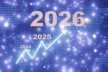 Glowing numbers 2026 in front of abstract financial graphs and stock tickers, representing predictions for the global economy and market developments