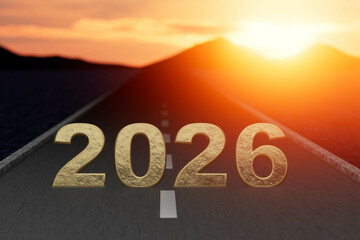 The road is empty and the sun is setting with 2026