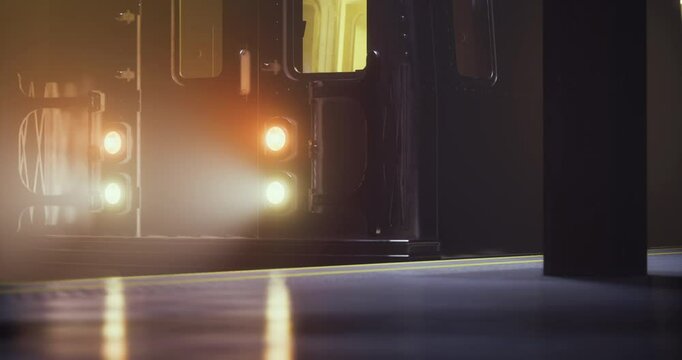 A subway train nears the station, its headlights cutting through fog. The vibrant lights illuminate the platform, creating a mysterious ambiance during late hours.