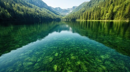 Fototapeta premium An awe-inspiring image of a crystal-clear lake reflecting surrounding mountains and lush greenery, representing tranquility and the pristine beauty of nature in a secluded setting.