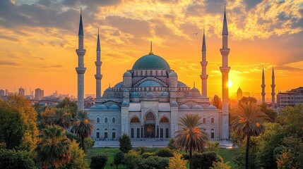 Obraz premium Majestic architectural masterpiece illuminated against the vibrant hues of twilight casting ethereal glow