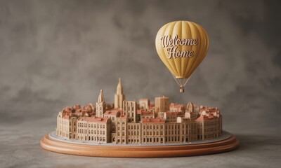 Miniature city model with a yellow hot air balloon displaying "Welcome Home" above, displayed on a wooden base against a textured background