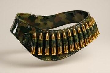 Glossy camouflage ammunition belt filled with polished golden bullets, military accessory