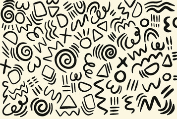 Memphis geometric seamless pattern. pastel abstract background in retro 80s, 90s style with various shapes: circles, semicircles, dots, zigzags, spirals, wavy lines. Cute kid doodle design.