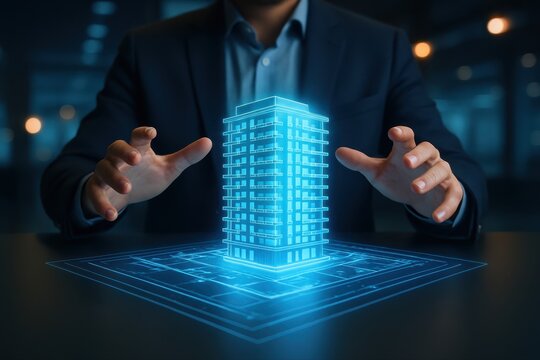 Architect hands interact with a glowing holographic building model and digital blueprint