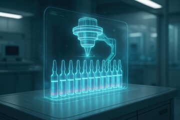 Digital hologram of robotic arm and ampoules in a modern pharmaceutical laboratory