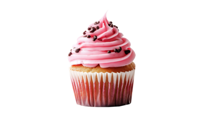 Decadent chocolate cupcake with pink frosting and sprinkles, isolated on a white background,   Isolated on white background, clipping path included, transparent png.
