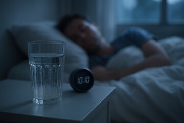Clear glass of cool water and an alarm clock on a nightstand in a dark bedroom with a sleeping man