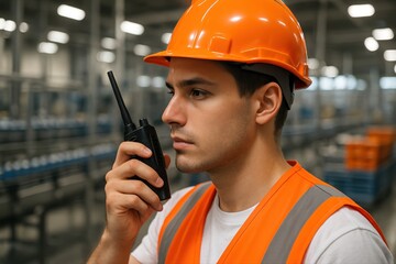 Young male factory worker in orange hard hat communicating with walkie talkie in industrial setting