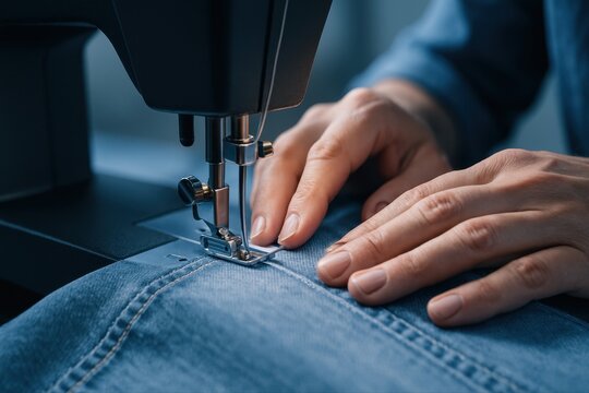 Close up of hands sewing blue denim fabric on a modern black sewing machine
