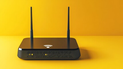 Fototapeta premium Modern black internet router on yellow background