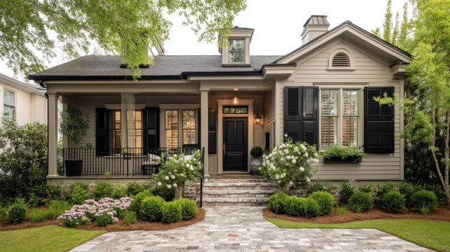 Charming, light-gray, historic home with a welcoming porch and landscaped yard